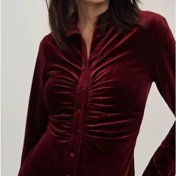 House Of Harlow 1960 Velvet Mini Burgundy Dress Ruched Shirt Size S - Picture 4 of 10